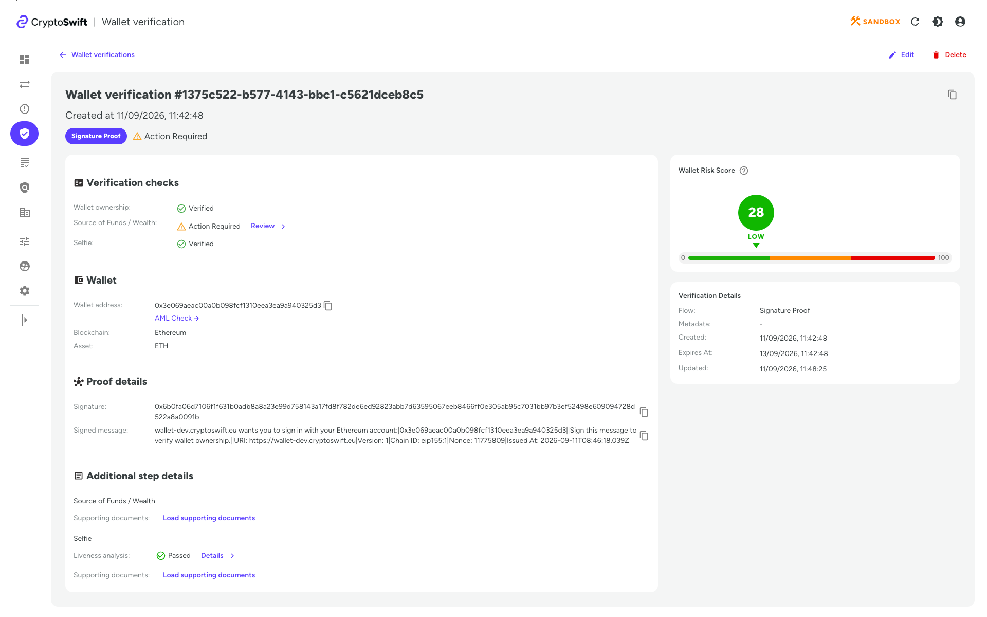 Wallet verification details showing verified ownership, Source of Funds or Wealth requiring action, and a passed Selfie step